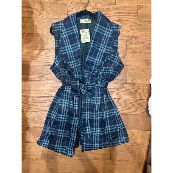 Hybrid & company Jackets & Blazers - Hybrid & Co Plus Size Blue, Gray, Red Plaid Tie Belt Vest, Open Front, 2X, NWT